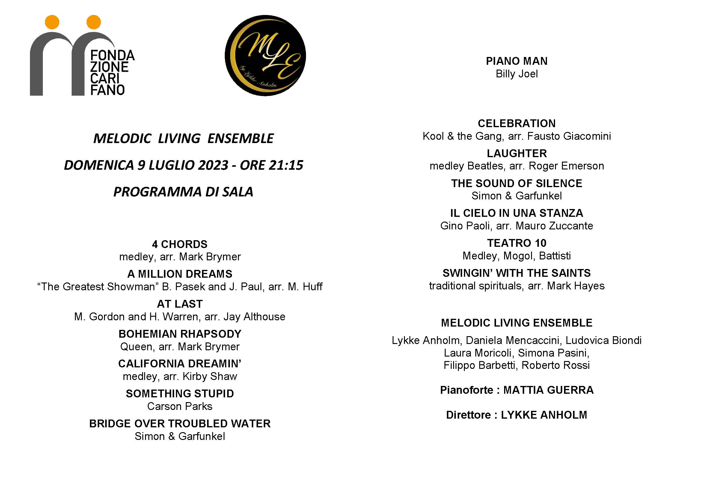 Programma di sala concerto del Melodic Living Ensemble del 9 luglio 2023