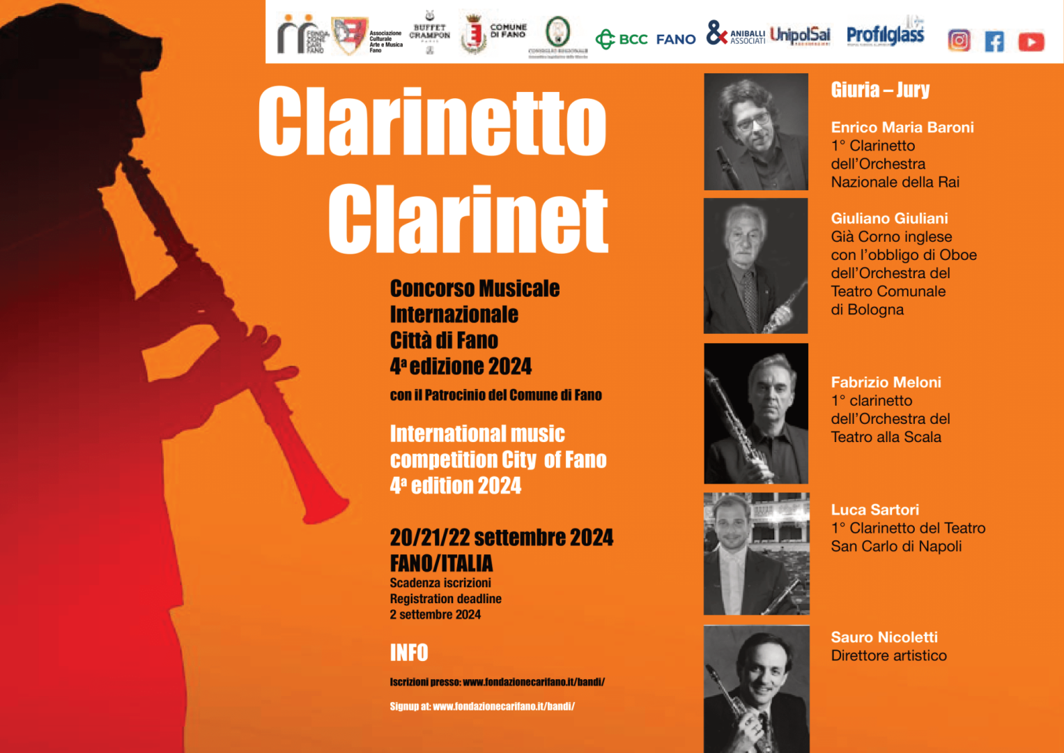 20.21.22 settembre 2024 Concorso di musica Internazionale Città di Fano IV Edizione. International Music Competition City of Fano 4th Edition 2024 Clarinet