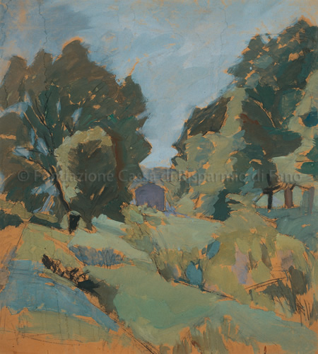 Paesaggio con casa viola